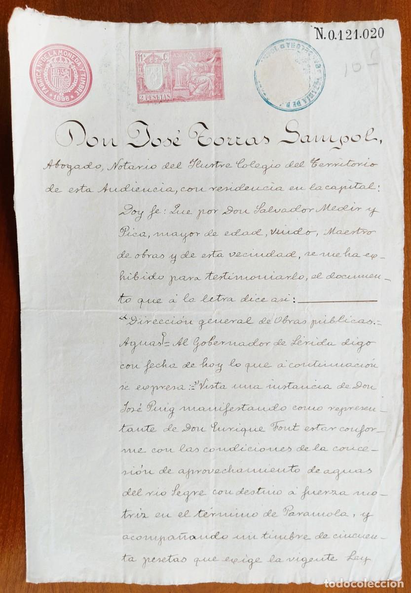 Manuscritos antiguos: PERAMOLA (L&Eacute;RIDA) A&Ntilde;O 1898 - SELLO 11&ordf; CLASE 2 PESETAS - CONCESI&Oacute;N APROVECHAMIENTO AGUAS R&Iacute;O SEGRE