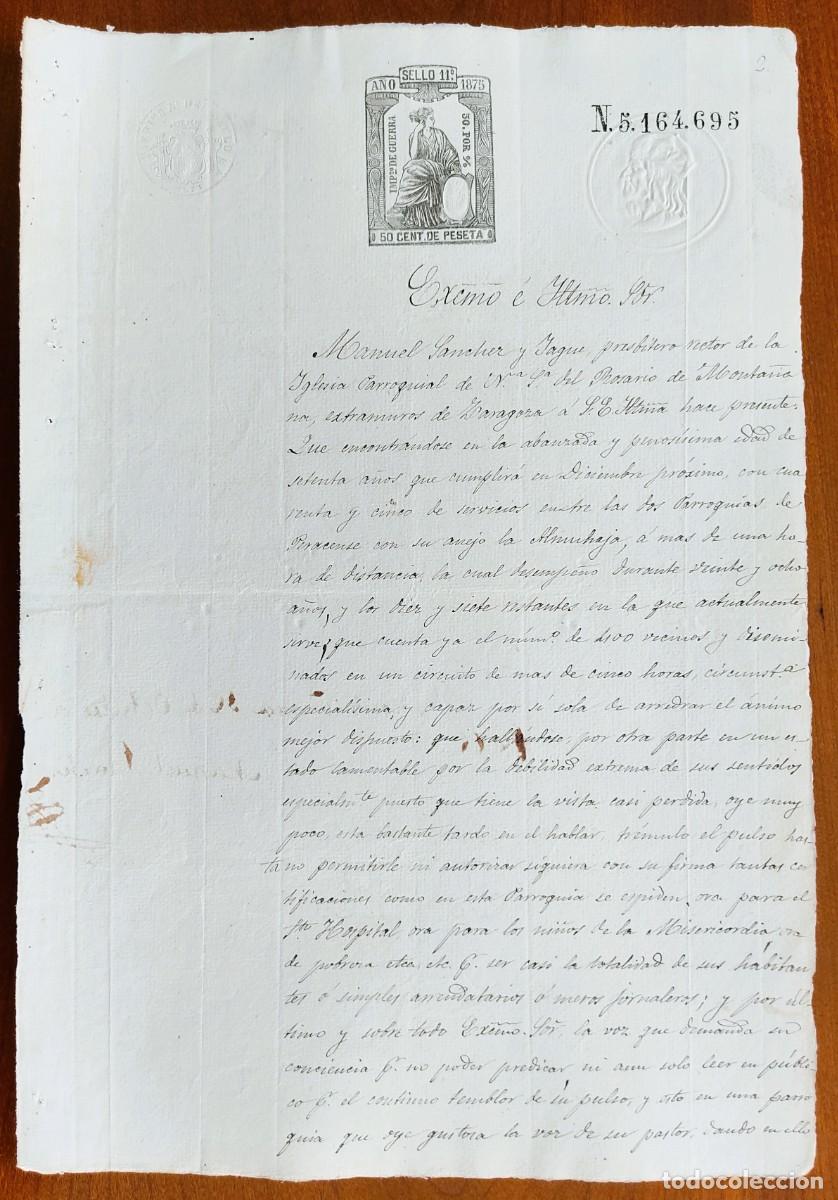 Manuscritos antiguos: MONTA&Ntilde;ANA (ZARAGOZA A&Ntilde;O 1875 - SELLO 11&ordm; 50 CENT DE PTA. - SOLICITUD JUBILACI&Oacute;N DEL P&Aacute;RROCO