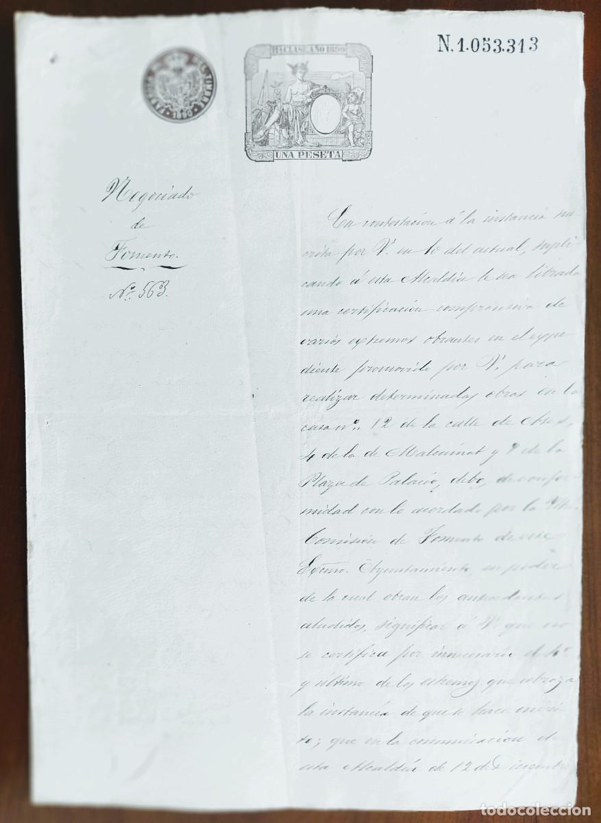 Manuscritos antiguos: BARCELONA A&Ntilde;O 1890 - SELLO 11&ordf; CLASE UNA PESETA - ESCRITO NEGOCIADO FOMENTO DERRIBO CASA