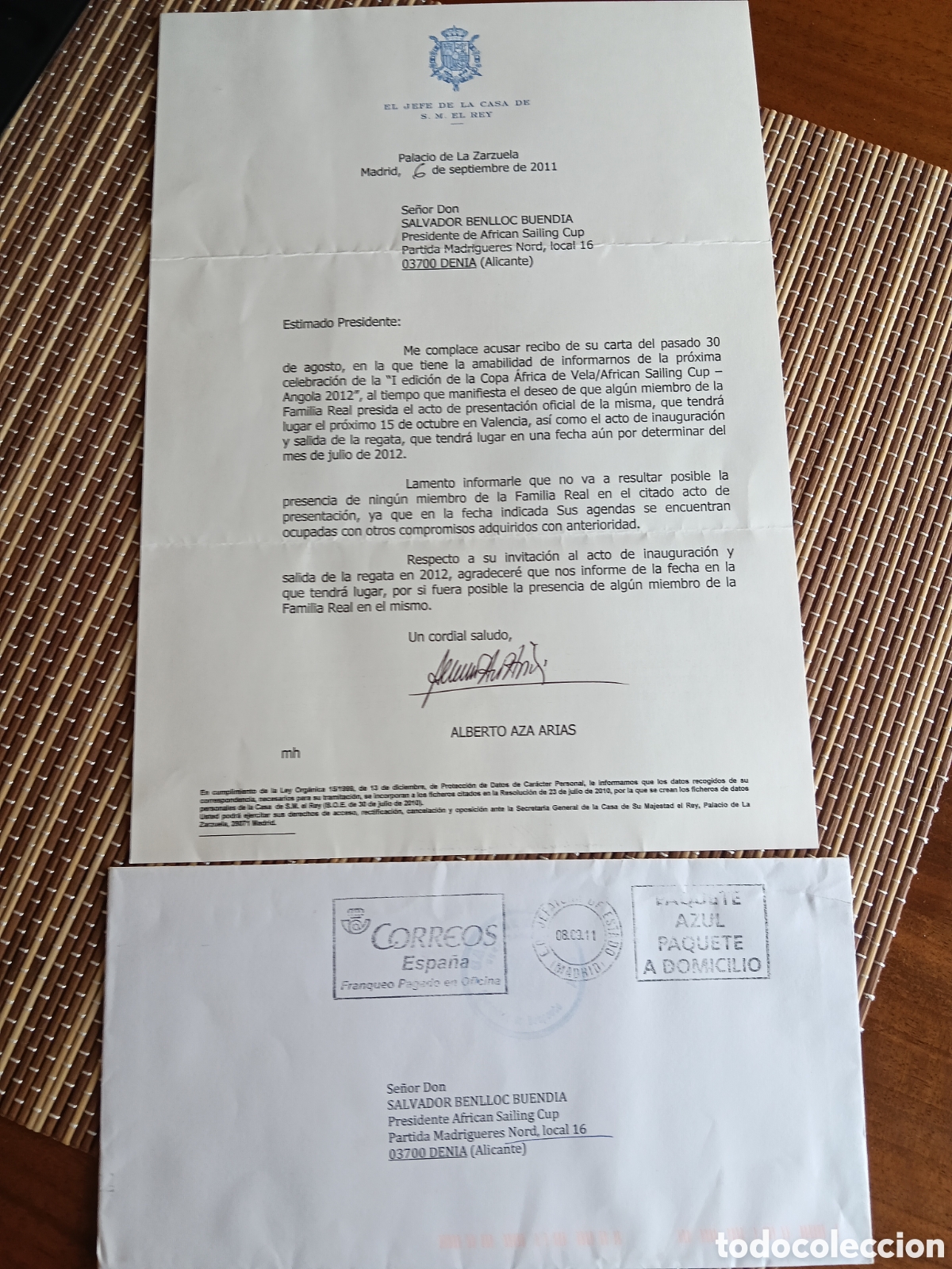 Manuscritos antiguos: Carta Oficial Casa de S.M. El Rey (2011) - Firmada Alberto Aza - Con Sobre Original Completo y Cu&ntilde;o