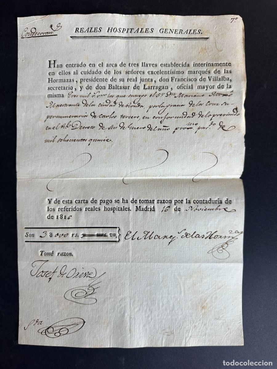 Manuscritos antiguos: a&ntilde;o 1816 - ENTREGA DE 3000 REALES A LA CONTADURIA DE LOS REALES HOSPITALES GENERALES
