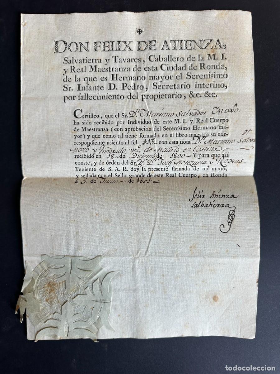 Manuscritos antiguos: a&ntilde;o 1801 - CERTIFICADO DE INGRESO EN LA MAESTRANZA DE RONDA - MARIANO MOXO CUADRADO