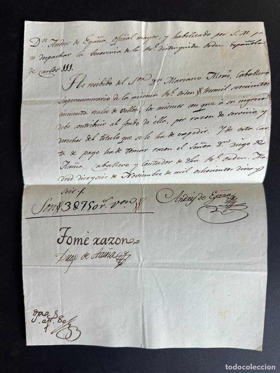 Manuscritos antiguos: a&ntilde;o 1816 - PAGO DE 3750 REALES A LA TESORERIA DE LA ORDEN DE CARLOS III - MARIANO MOXO
