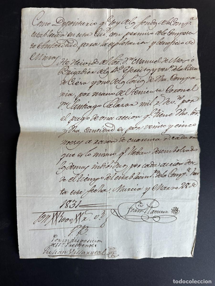 Manuscritos antiguos: a&ntilde;o 1831 - RECIBO POR LA COMPRA DE UNA ACCION DE LA COMPA&Ntilde;IA MINERA DE MURCIA - 1000 REALES
