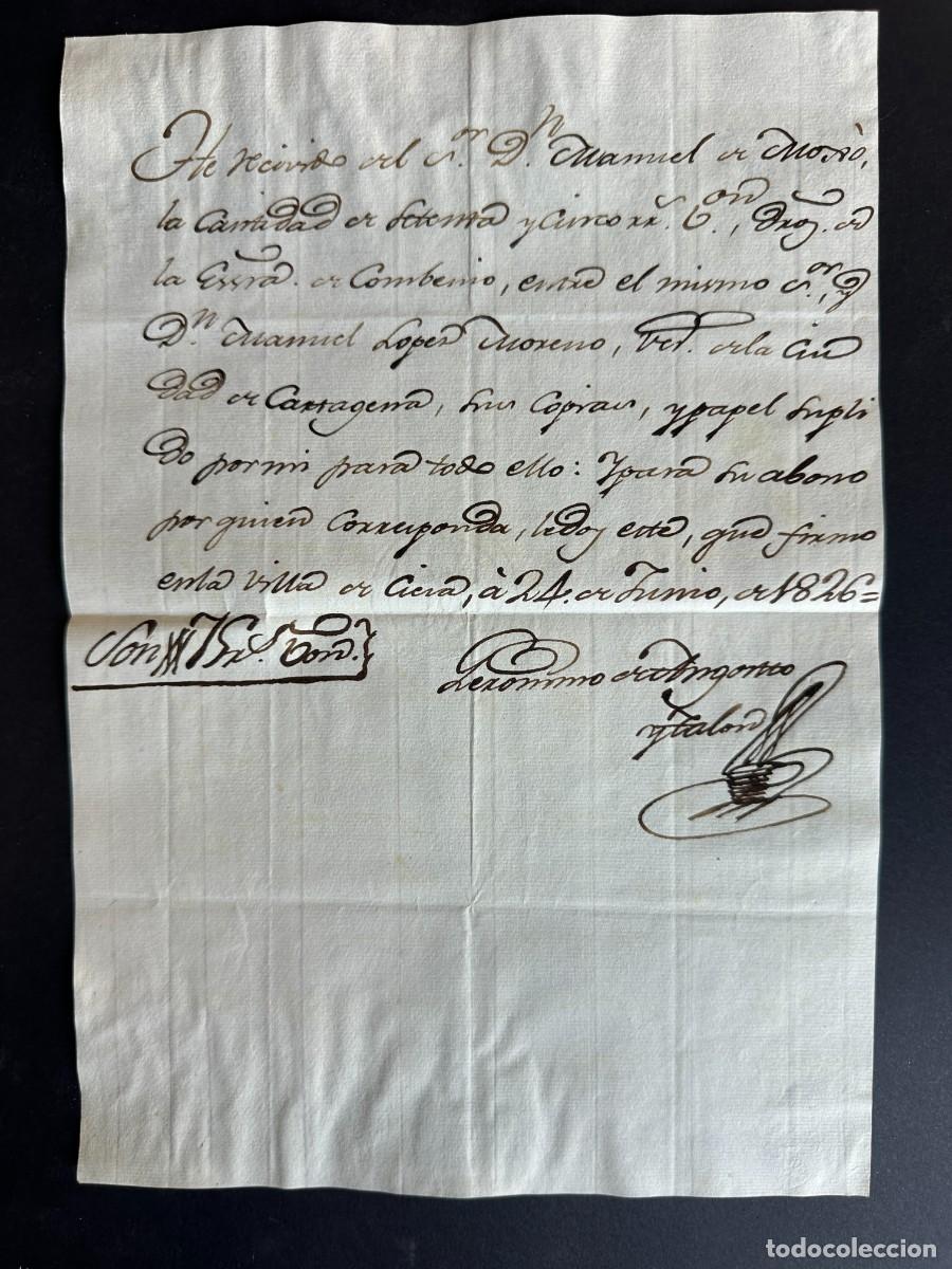 Manuscritos antiguos: a&ntilde;o 1826 - RECIBO DE 75 REALES - CARTAGENA - CIEZA - MANUEL MOXO