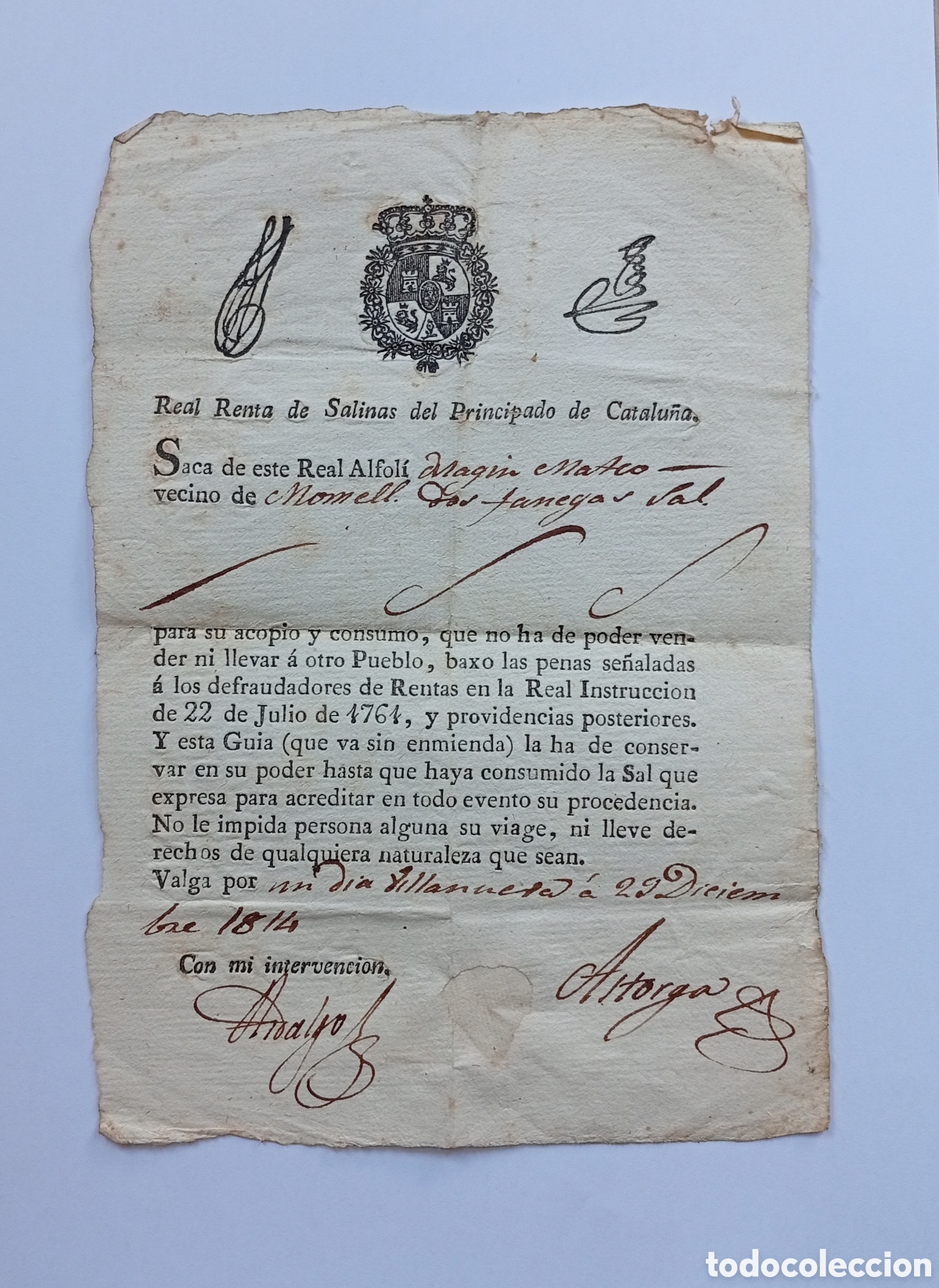 Manuscritos antiguos: Real renta de Salinas 1814