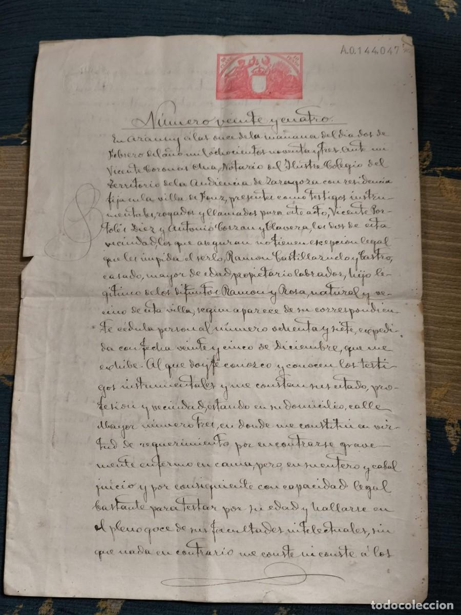 Manuscritos antiguos: 1893. Testamento manuscrito Villa de Fonz, Zaragoza. 4 p&aacute;ginas. Papel timbrado