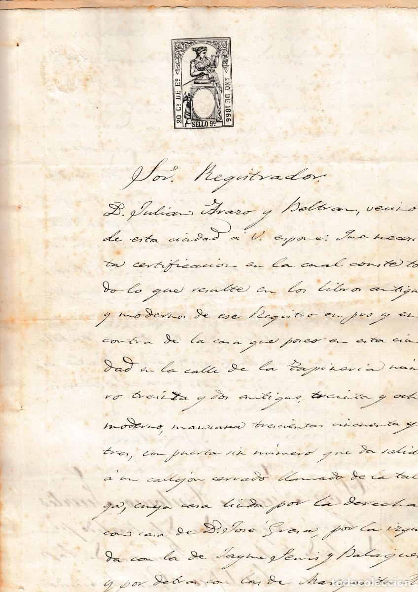 Manuscritos antiguos: 1866 VALENCIA SELLO FISCAL 9&ordm; 2O CTS. CASA CALLE TAPINERIA ESQUINA CALLEJON DE LA TALEGA