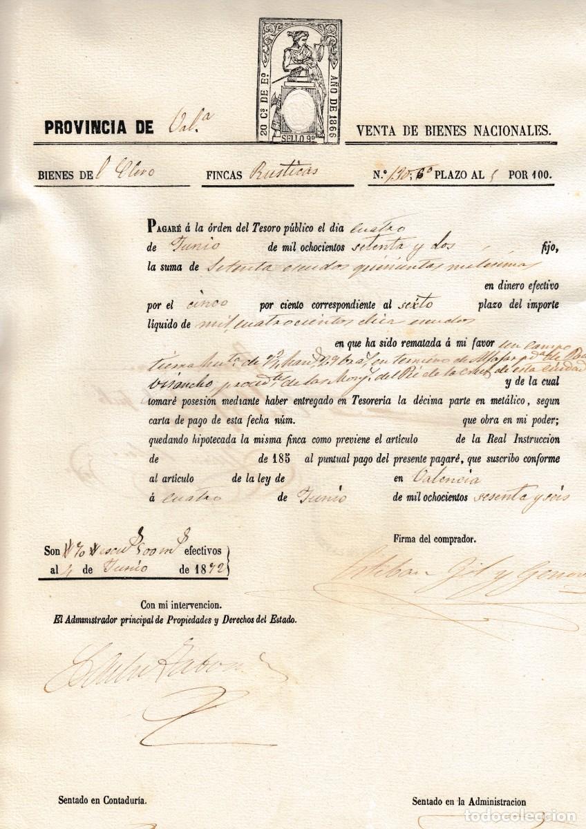 Manuscritos antiguos: 1866 VALENCIA SELLO FISCAL 9&ordm; 20 CTS VENTA BIENES NACIONALES CLERO TIERRA ALFAFAR PARTIDA RAVISANCHO