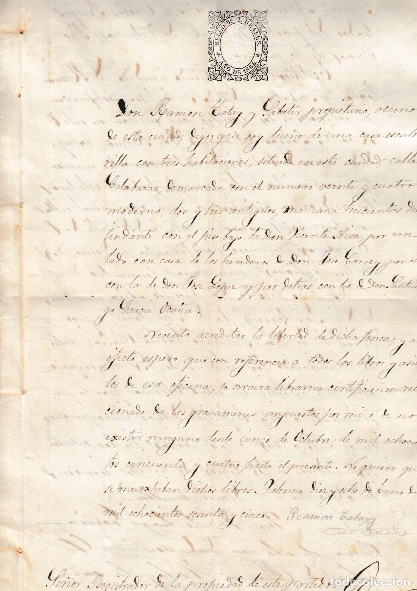 Manuscritos antiguos: 1865 VALENCIA SELLO FISCAL 9&ordm; 2 RLS CERTIFICADO REGISTRO PROPIEDAD CASA CALLE CALABAZAS 24