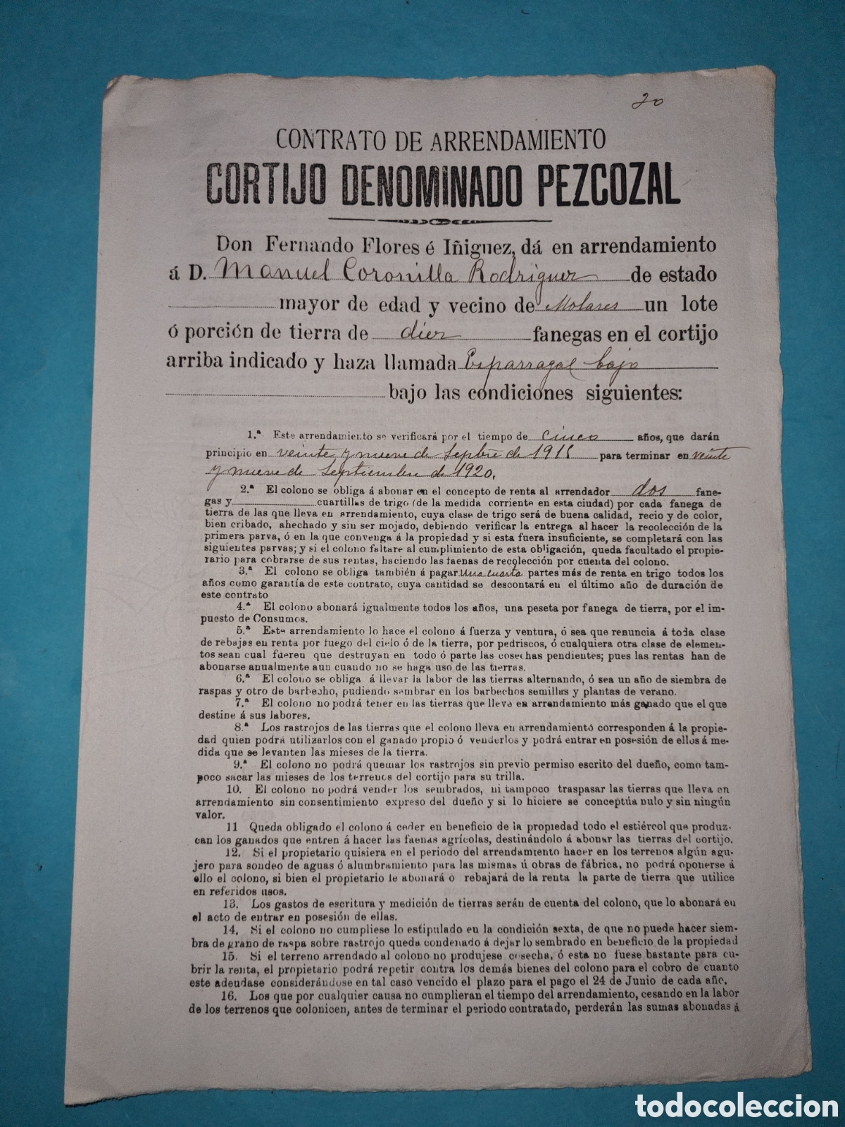 Manuscritos antiguos: LOS MORALES / UTRERA (SEVILLA) ARRENDAMIENTO CORTIJO DENOMINADO PEZCOZAL - A&Ntilde;O 1915 HAZAS Y COLONOS