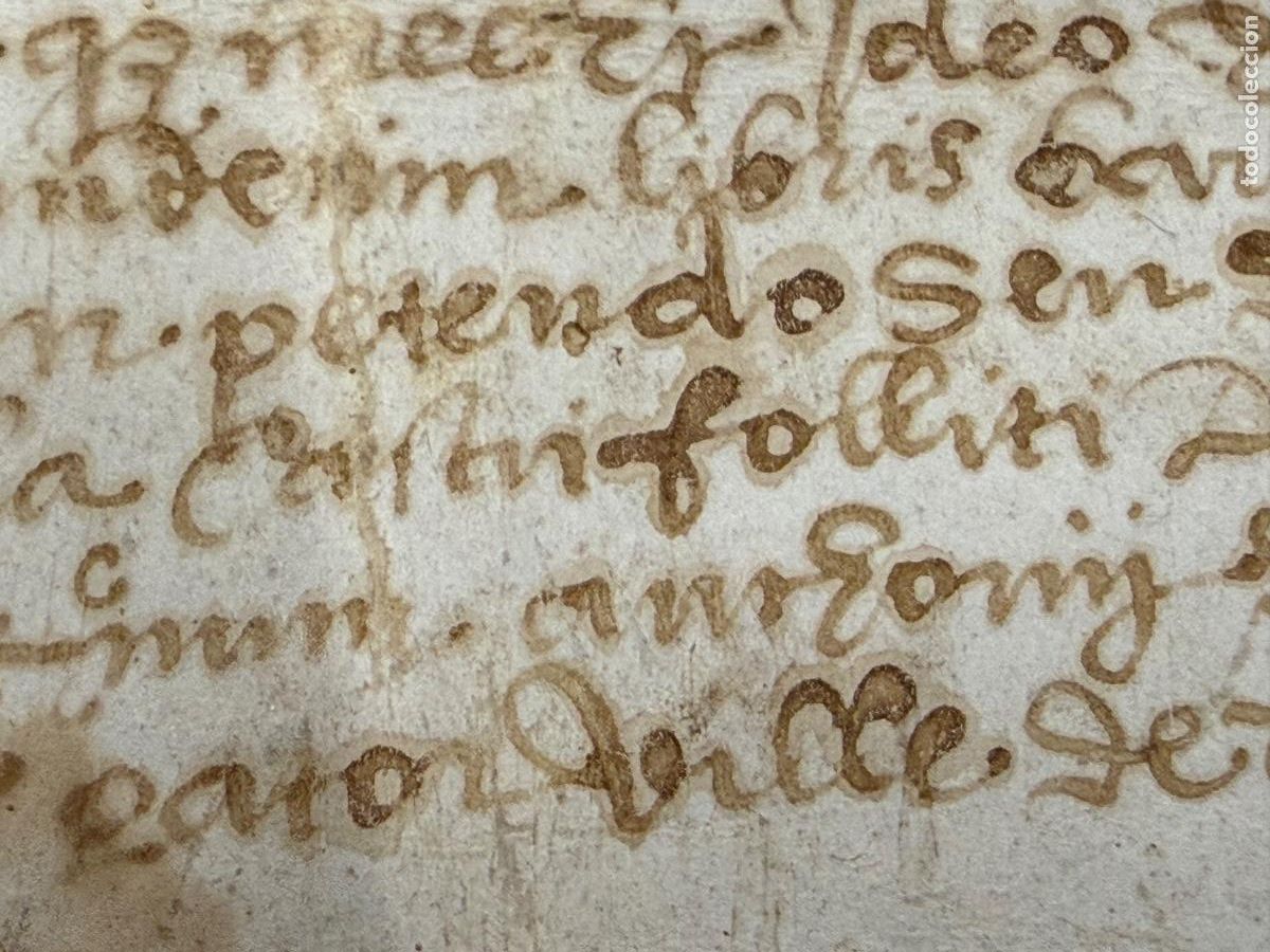 Manuscritos antiguos: Antiguo pergamino manuscrito, en piel. Circa 1500?. Mide unos 31x12cms. Castellfollit. Ver fotos
