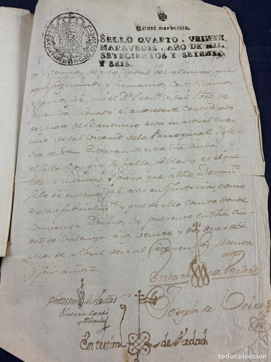 Manuscritos antiguos: Certificaci&oacute;n bautismal Valencia. Francisco Vidal 1776 Manuscrito. Buen Estado