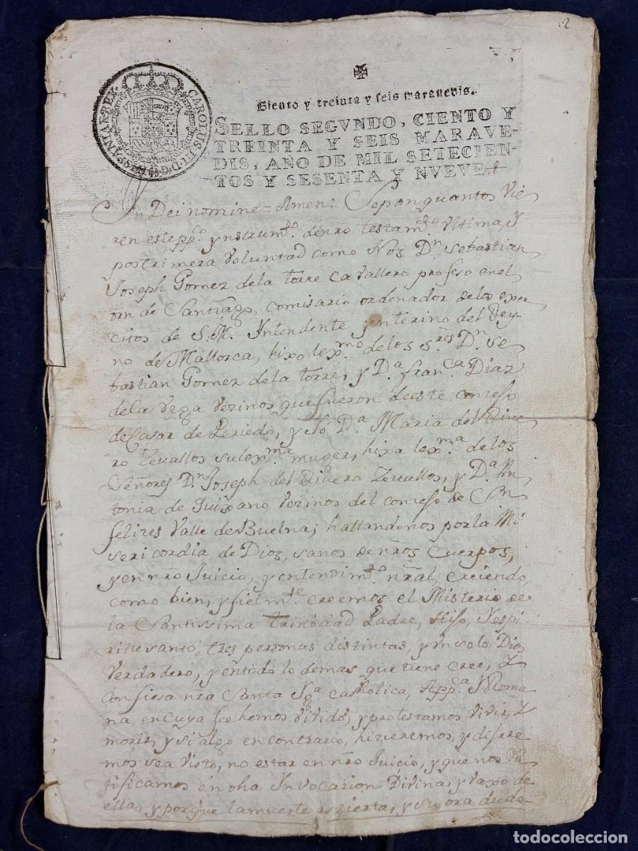 Manuscritos antiguos: Testamento mayorazgo. Sebasti&aacute;n J. G&oacute;mez de la Torre. 1769. Manuscrito Muy bueno. Valencia Mallorca