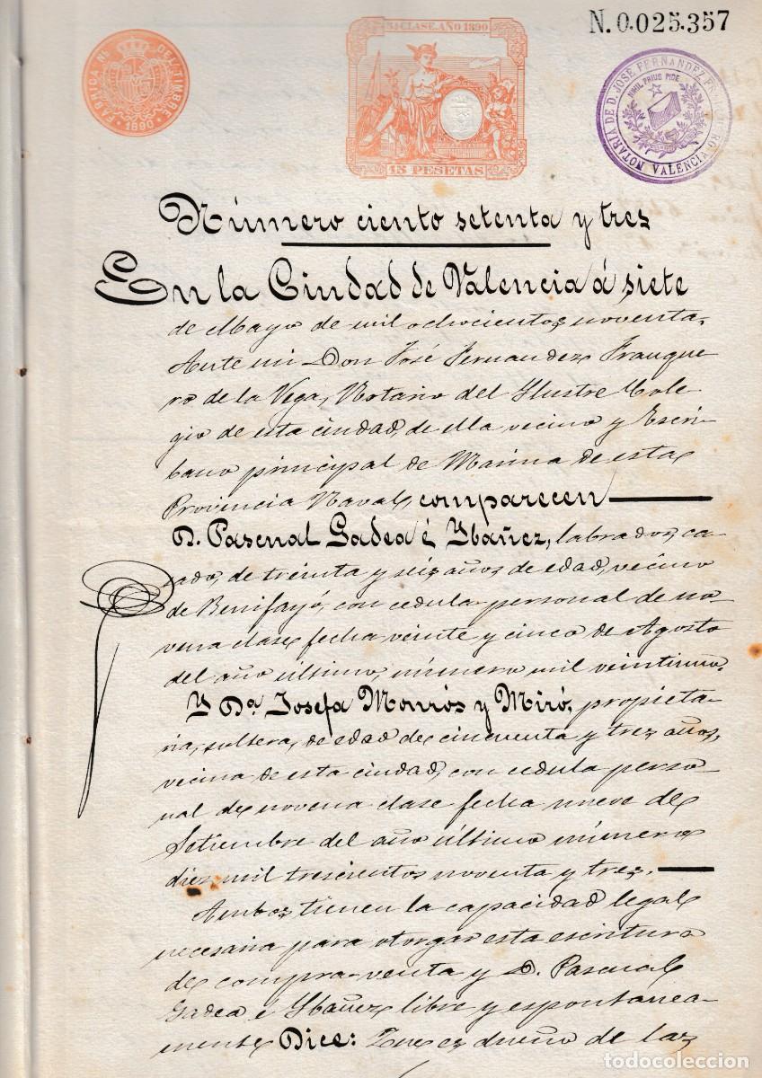 Manuscritos antiguos: 1890 BENIFAYO SOLLANA VALENCIA. SELLO FISCAL 5&ordm; 15 PTS. VENTA DE TIERRAS