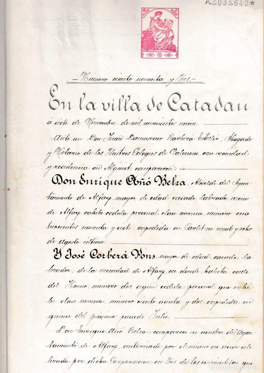 Manuscritos antiguos: 1909 CATADAU ALFARP VALENCIA. SELLO FISCAL 5&ordm; 15 PTS. VENTA DE ESCUELA Y CARCEL DE ALFARP