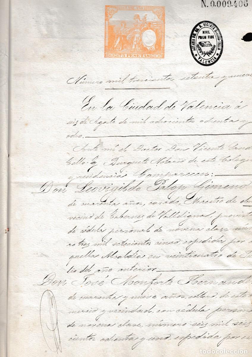 Manuscritos antiguos: 1888 TABERNES DE VALLDIGNA VALENCIA. SELLO FISCAL 2&ordm; 75 PTS.