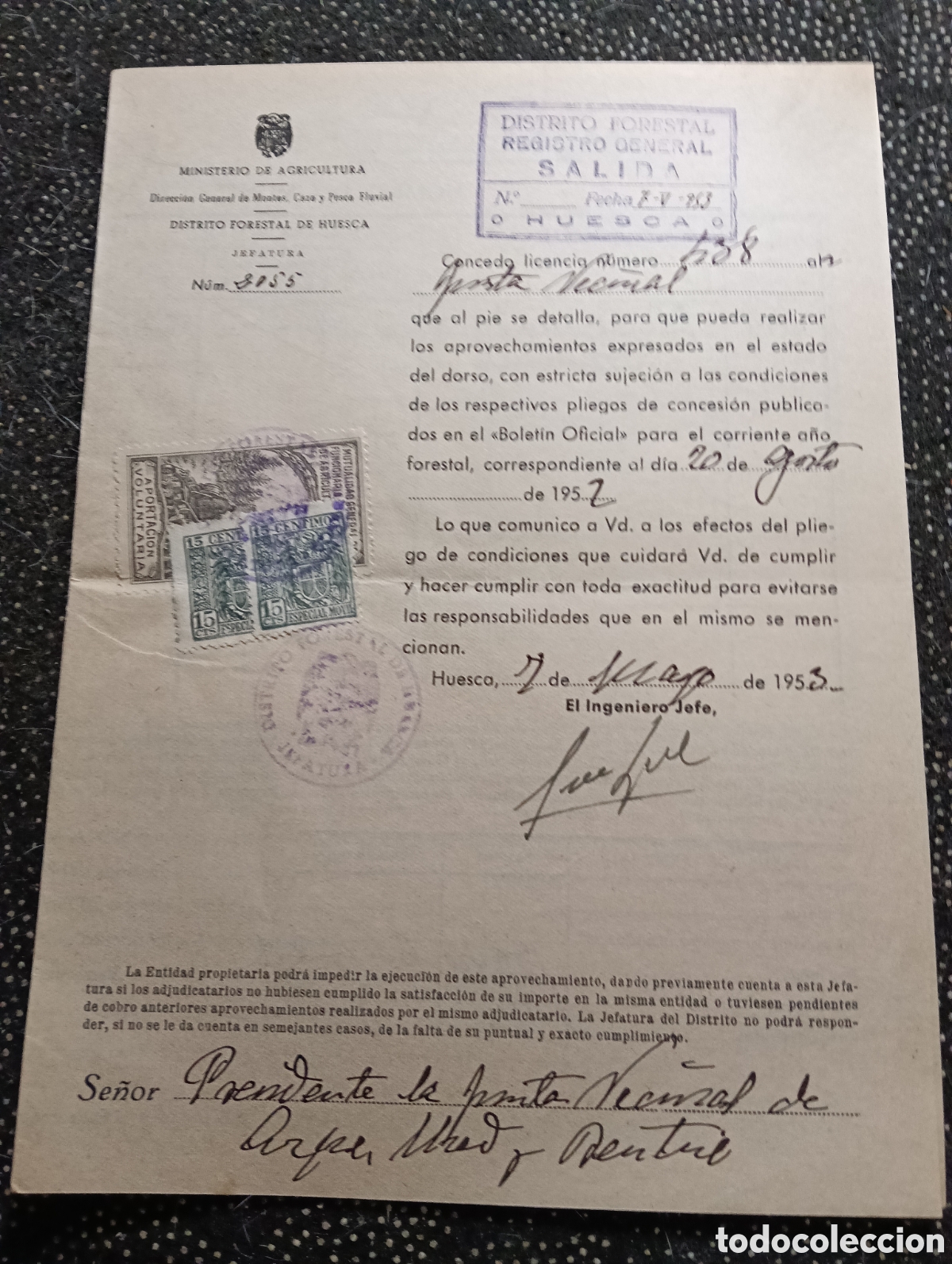 Manuscritos antiguos: Permiso oficial de 1953 para aprovechamiento forestal emitido por el Ministerio de Agricultura en Hu