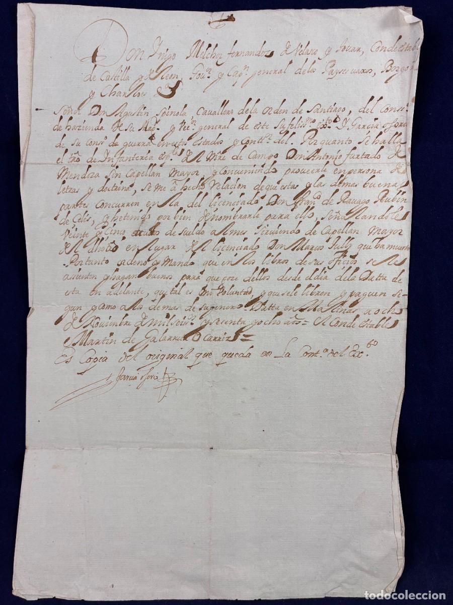 Manuscritos antiguos: Nombramiento capell&aacute;n Flandes siglo XVII &Iacute;&ntilde;igo M. F. Velasco 1668 Muy buen estado