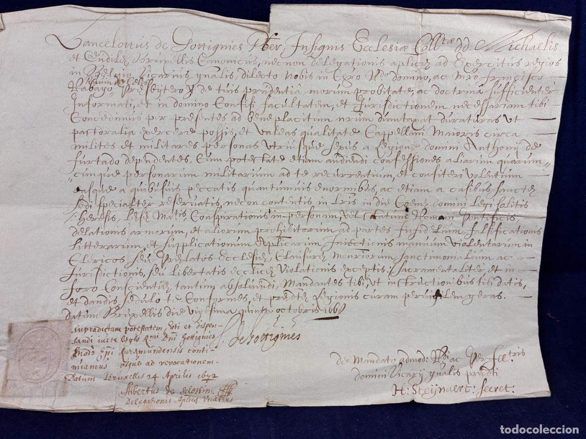 Manuscritos antiguos: Licencia eclesi&aacute;stica Tercios de Flandes. Lancelot de Gottignies 1669 Padre R&aacute;bago Muy buen estado
