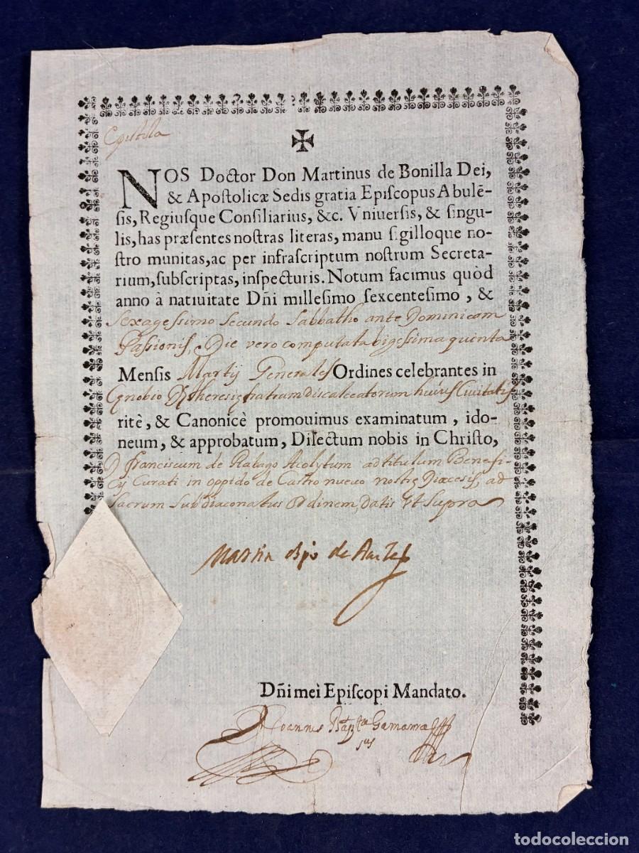 Manuscritos antiguos: Subdiaconado Francisco de R&aacute;bago. Mart&iacute;n de Bonilla 1662 Avila Muy buen estado