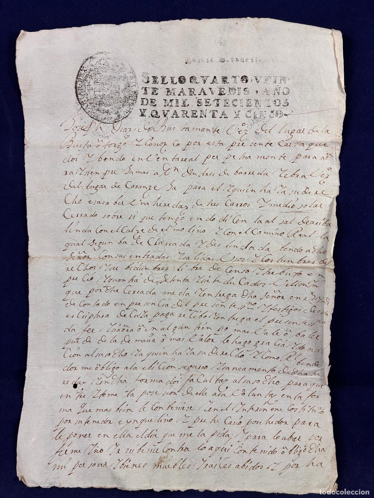 Manuscritos antiguos: Escritura s. XVIII, venta heredad. J. D&iacute;az de Bustamante 1745. Cantabria. Muy buen estado