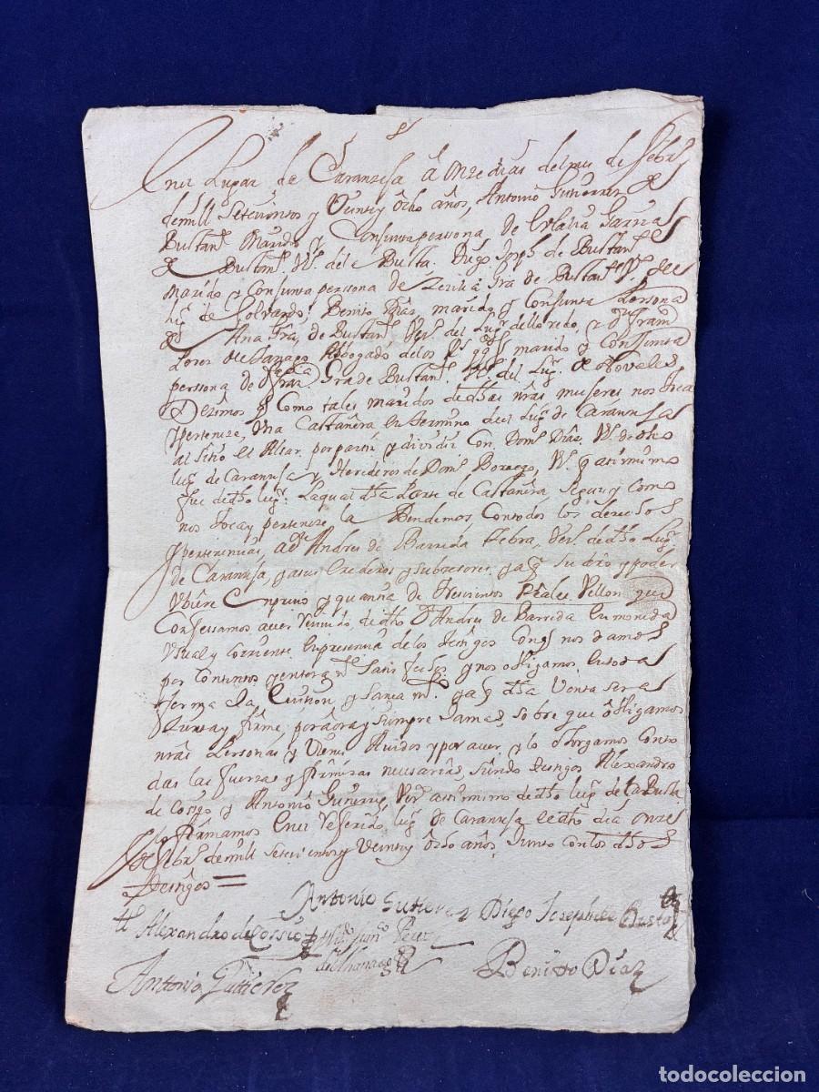 Manuscritos antiguos: Venta casta&ntilde;era Caranceja Cantabria 1728 Manuscrito siglo XVIII Muy buen estado