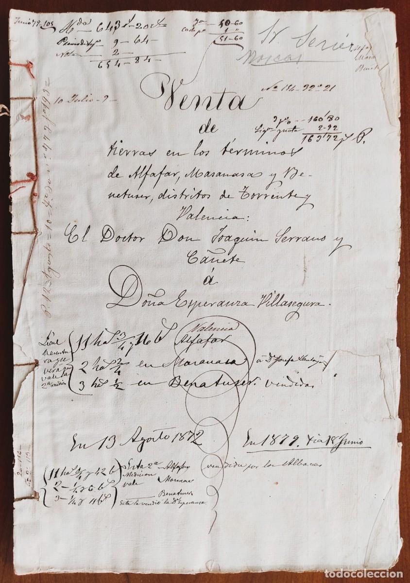 Manuscritos antiguos: VALENCIA 1879 - SELLO 4&ordm; 15 PTAS (4) SELLO 11&ordm; 50 C. PTA. VENTA TIERRAS ALFAFAR, MASANASA, BENETUSER
