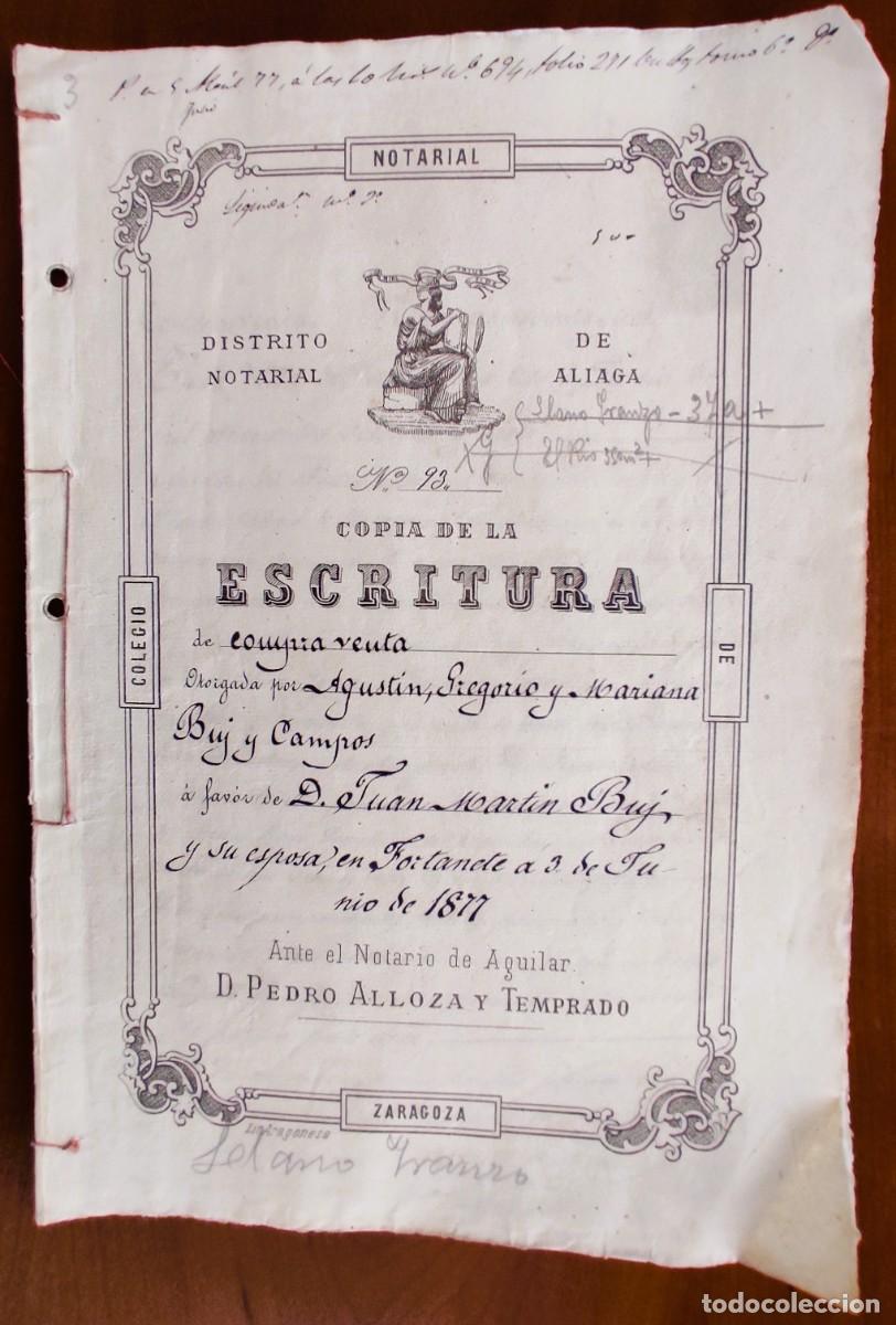 Manuscritos antiguos: FORTANETE (TERUEL) 1877 - SELLO 8&ordm; 2 PESETAS Y SELLO 11&ordm; 50 CENT. PTA. - VENTA TIERRAS