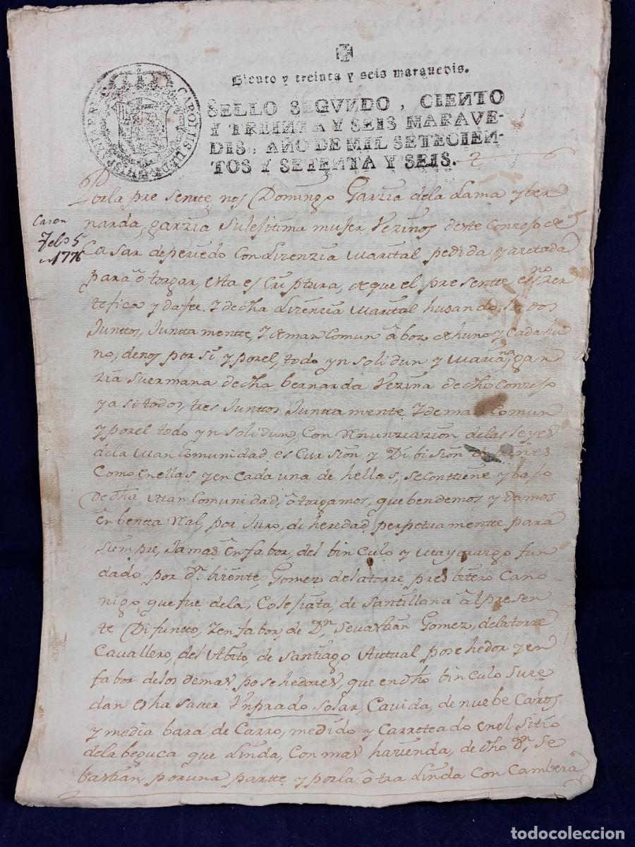 Manuscritos antiguos: Compraventa Cantabria Joseph de la Guerra 1776 G&oacute;mez de la Torre. Papel sellado Muy buen estado