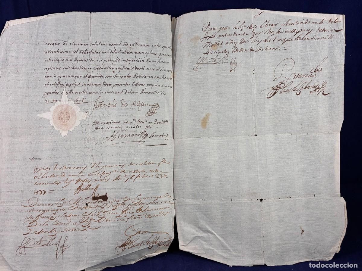 Manuscritos antiguos: Certificaci&oacute;n Ej&eacute;rcito de Flandes. Albertus de Selefin. Belgica 1673 Manuscrito. Muy bueno