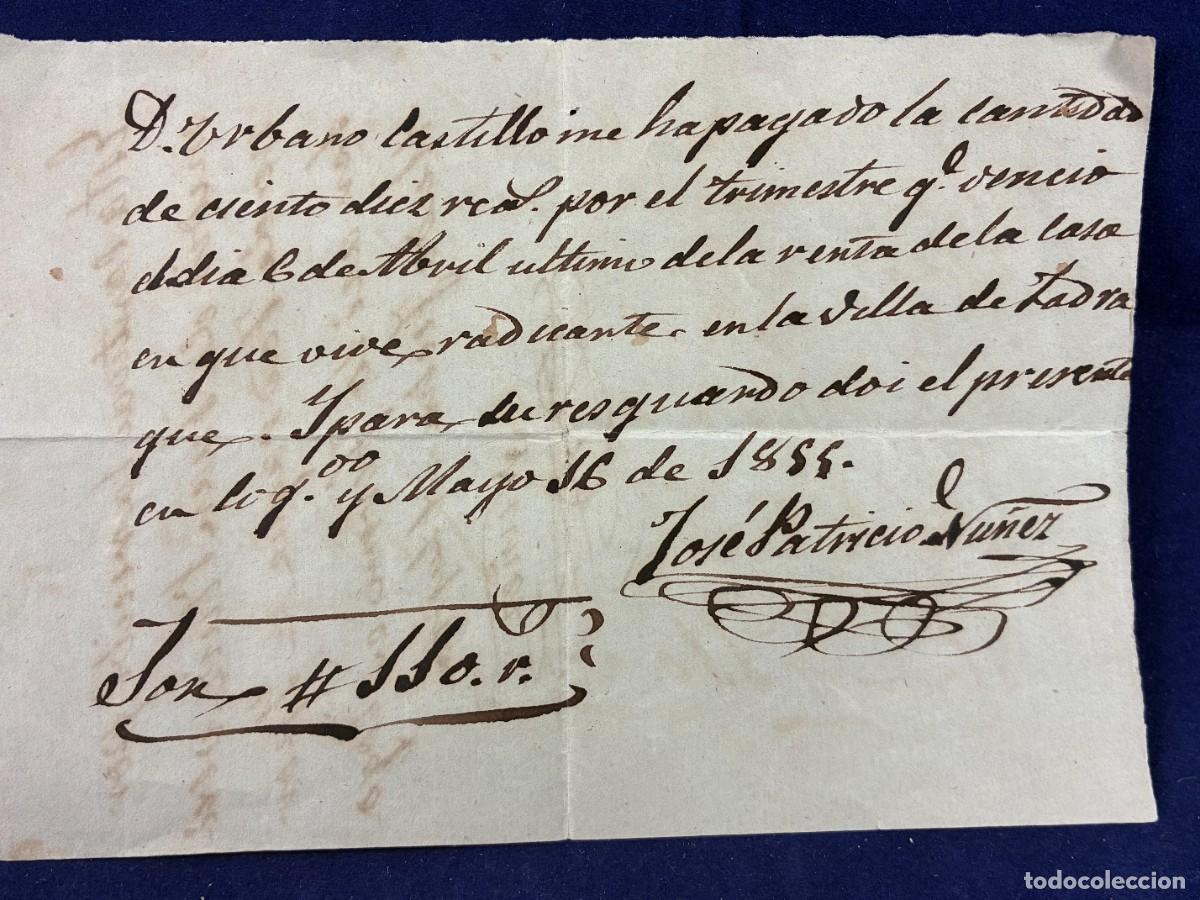 Manuscritos antiguos: Recibo alquiler Jadraque Guadalajara 1855 Jos&eacute; Patricio N&uacute;&ntilde;ez manuscrito Muy buen estado