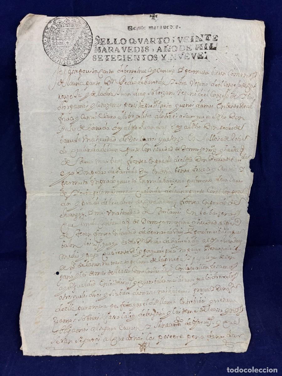 Manuscritos antiguos: Permuta de heredades Pedro de Barreda 1709 Cantabria papel sellado buen estado