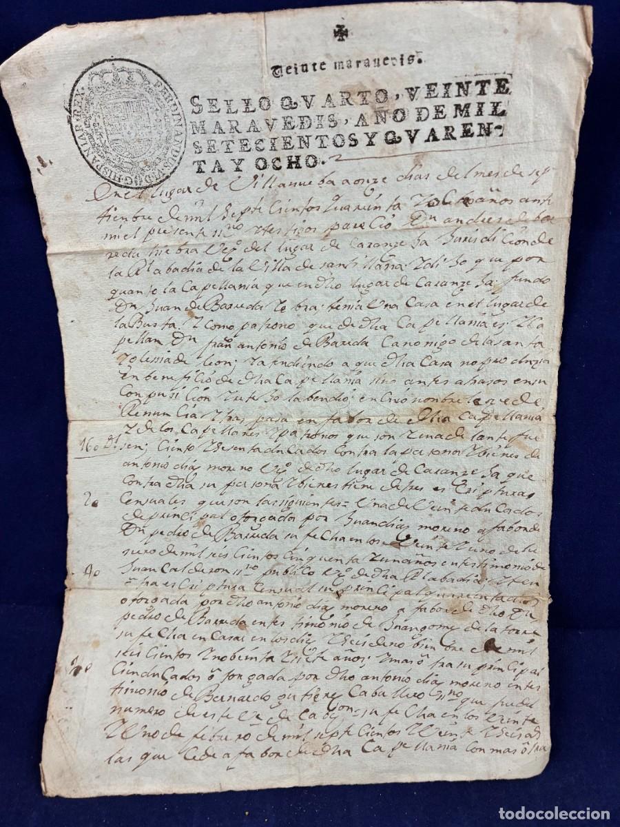 Manuscritos antiguos: Capellan&iacute;a Andr&eacute;s de Barreda Yebra 1748 Caranceja Cantabria papel sellado buen estado. Cantabria
