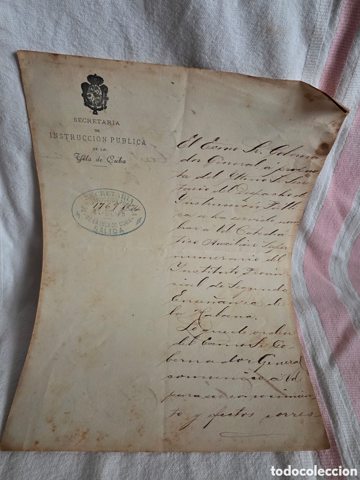Manuscritos antiguos: ANTIGUO T&Iacute;TULO OFICIAL DE CATEDR&Aacute;TICO CUBA