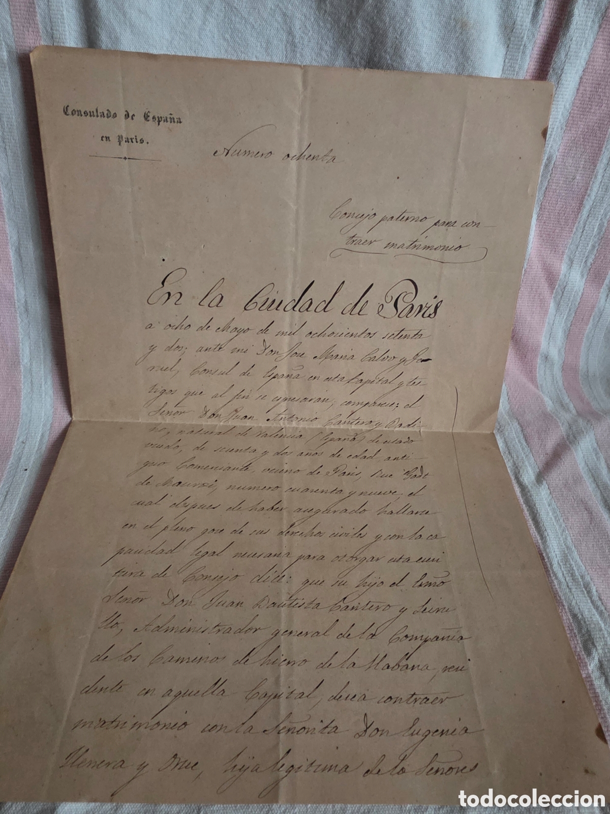 Manuscritos antiguos: CONSENTIMIENTO PATERNO MATRIMONIO CONSULADO PAR&Iacute;S 1872