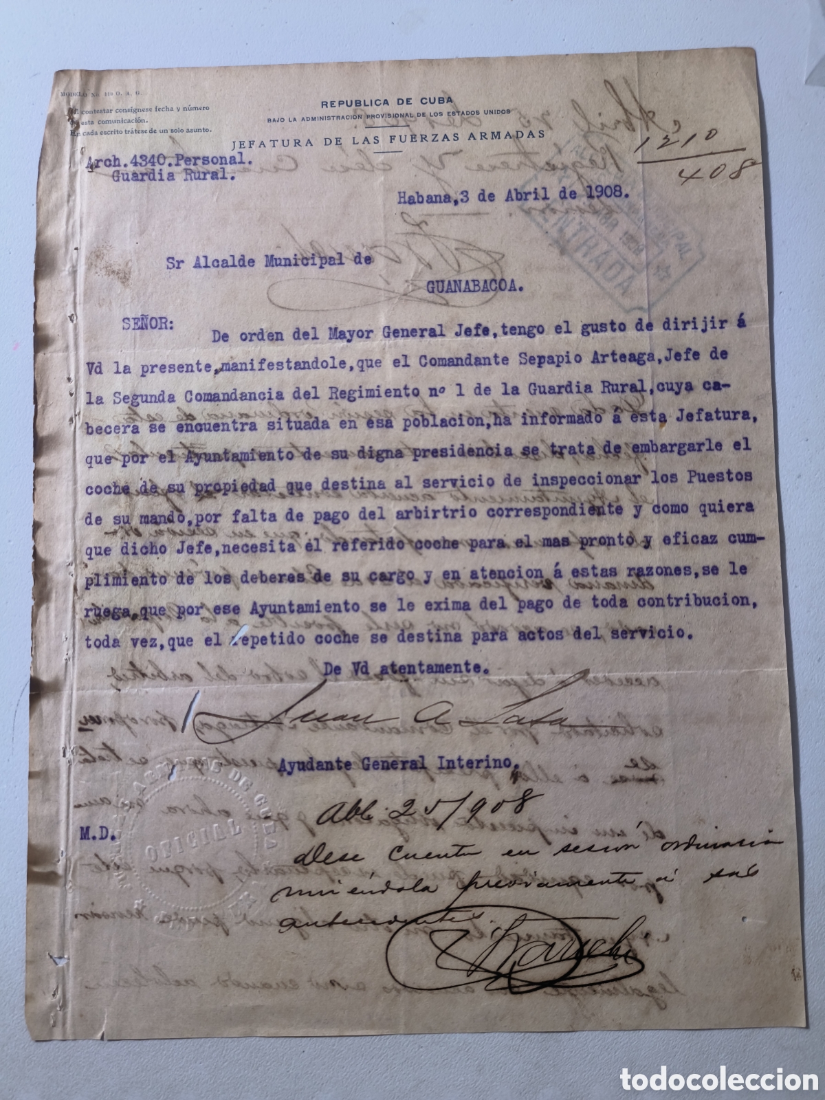 Manuscritos antiguos: Cuba, documento jefatura fuerzas armadas ,guardia rural ,a&ntilde;o 1908