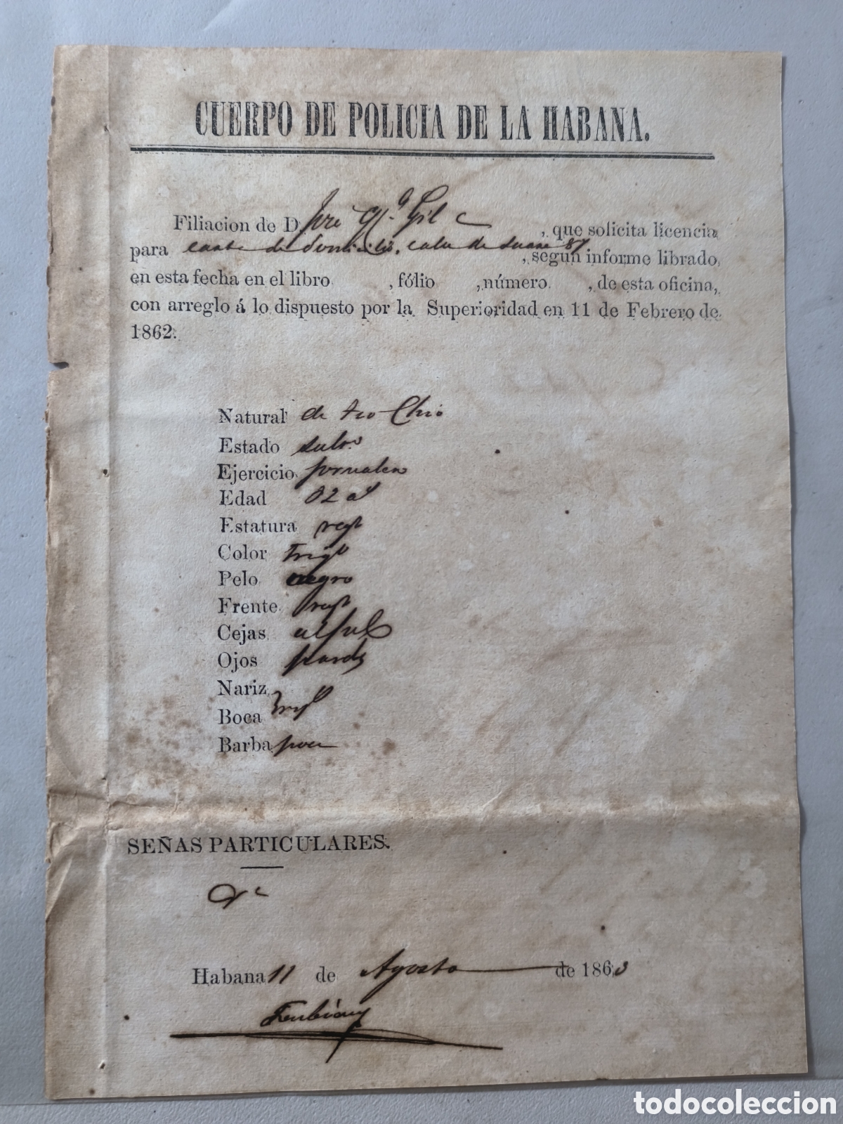 Manuscritos antiguos: Cuba espa&ntilde;ola, documento cuerpo de polic&iacute;a de la habana,a&ntilde;o 1862