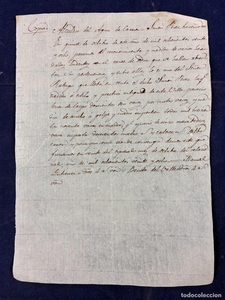 Manuscritos antiguos: Alcald&iacute;a del Agua de Carri&oacute;n 1828 Palencia Medici&oacute;n de tierras Papel verjurado Buen estado