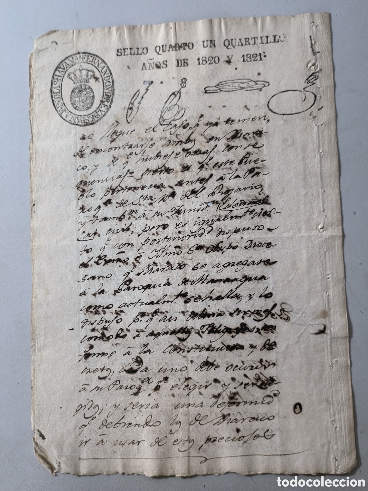 Manuscritos antiguos: Cuba espa&ntilde;ola, documento notar&iacute;al con sello un cuarto y un cuartillo ,a&ntilde;o 1820