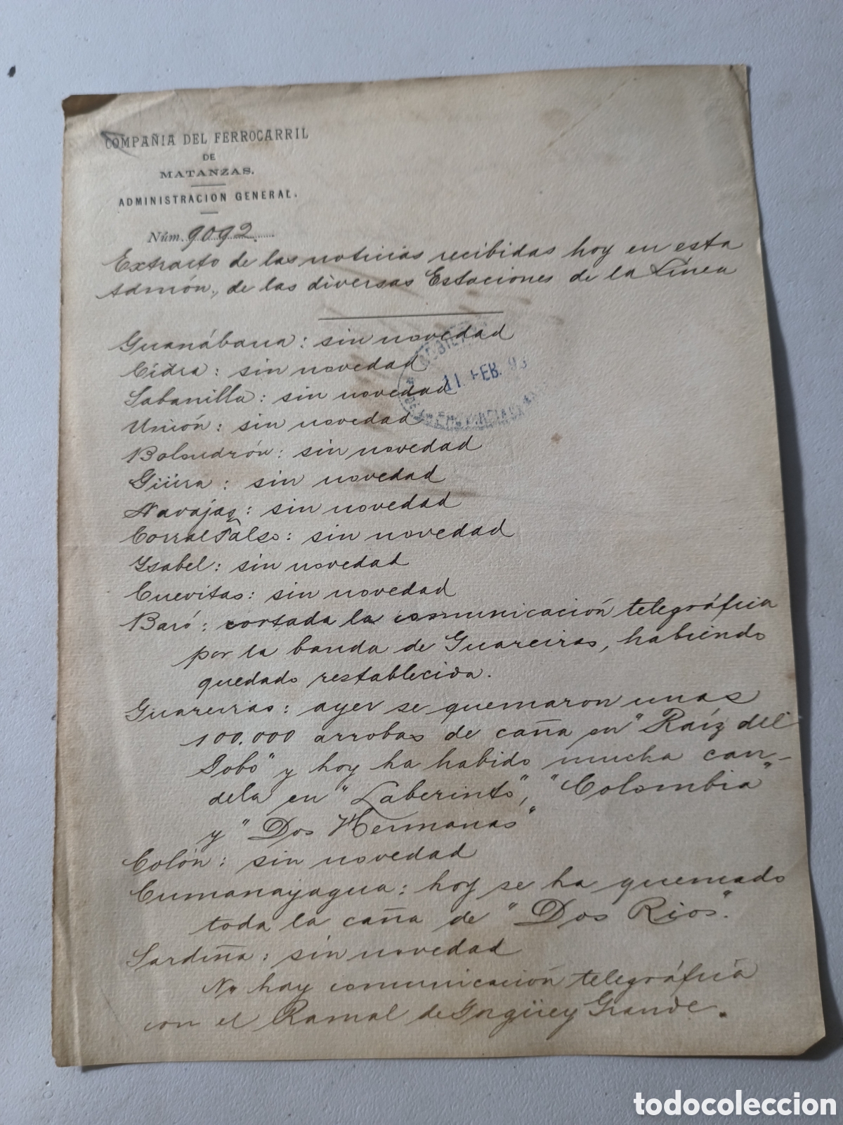 Manuscritos antiguos: Cuba, guerra de cuba, espectacular documento ferrocarriles en la guerra de independencia,a&ntilde;o 1898.
