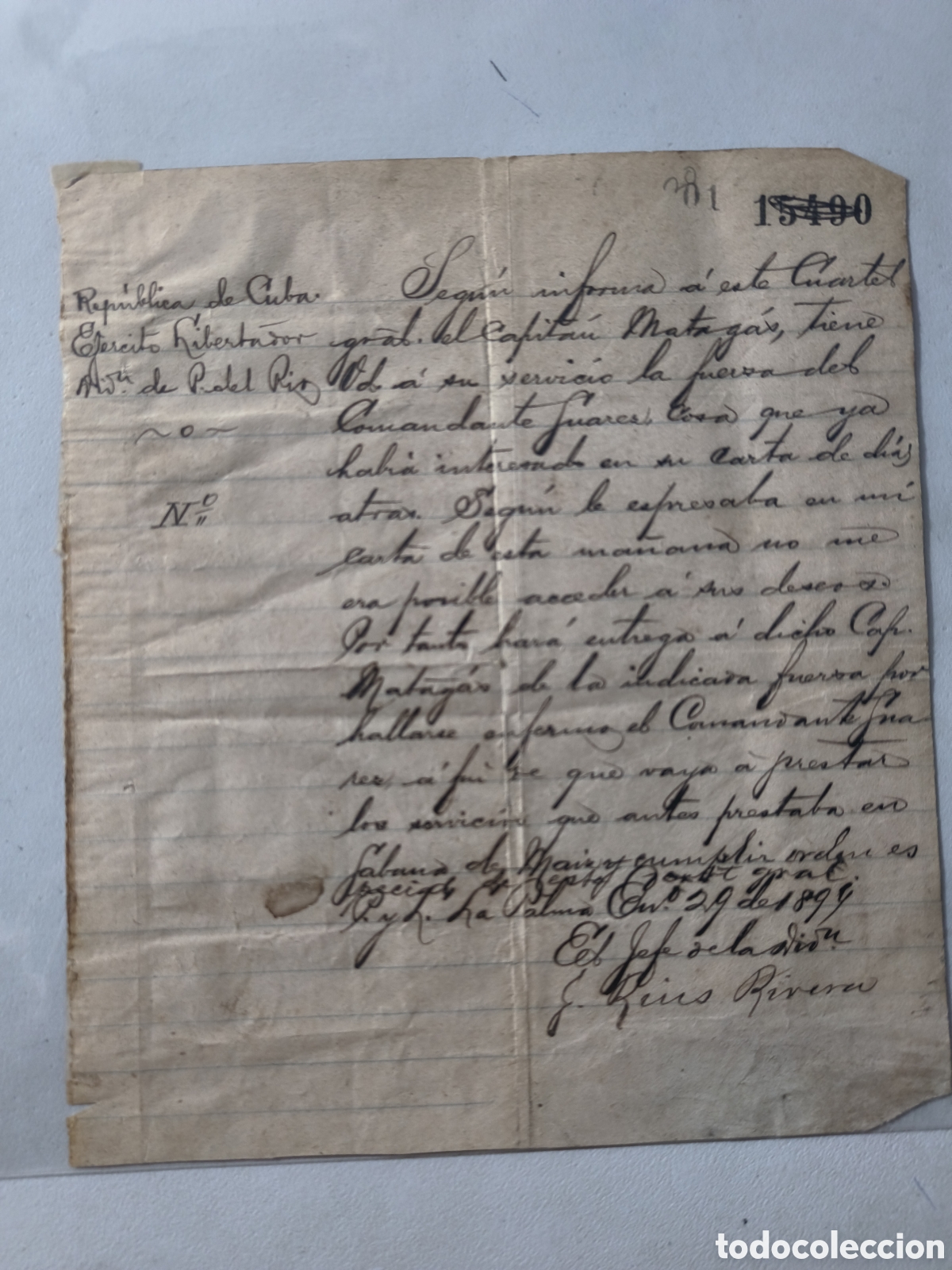 Manuscritos antiguos: Cuba, guerra de cuba,carta personal del general puertorrique&ntilde;o Juan Rius Rivera ,a&ntilde;o 1897.