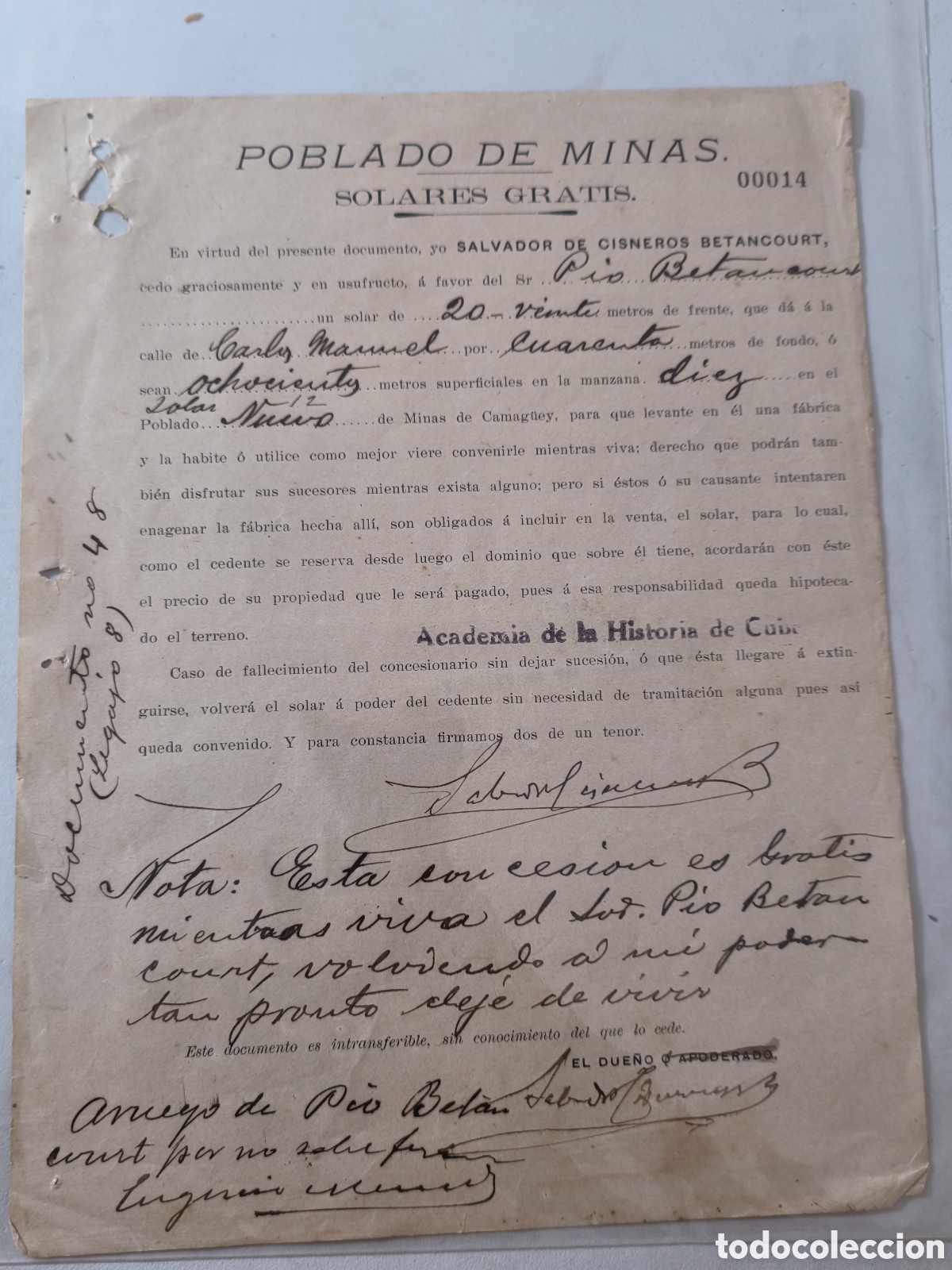 Manuscritos antiguos: Cuba,cesi&oacute;n de tierras en usufructo gratis hecha por Salvador Cisneros Betancourt.