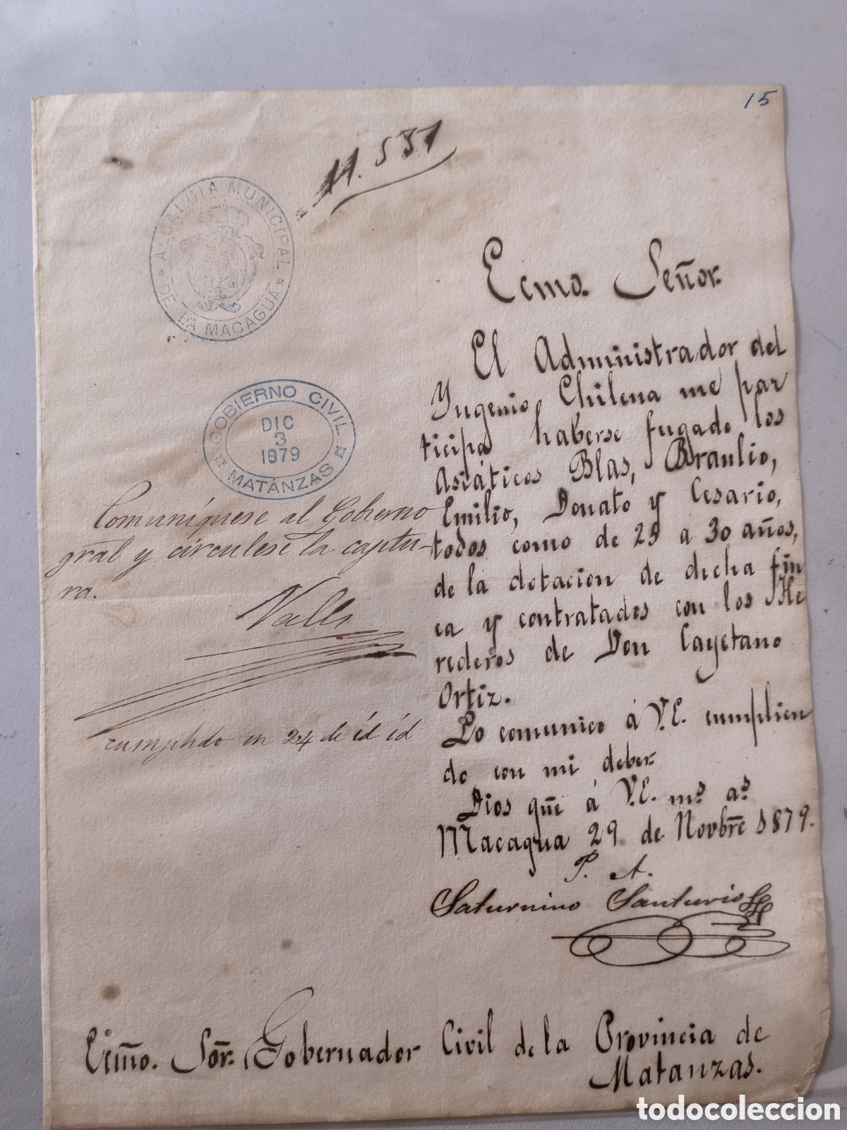 Manuscritos antiguos: Cuba espa&ntilde;ola,informe de fuga de asi&aacute;ticos de finca ,a&ntilde;o 1879