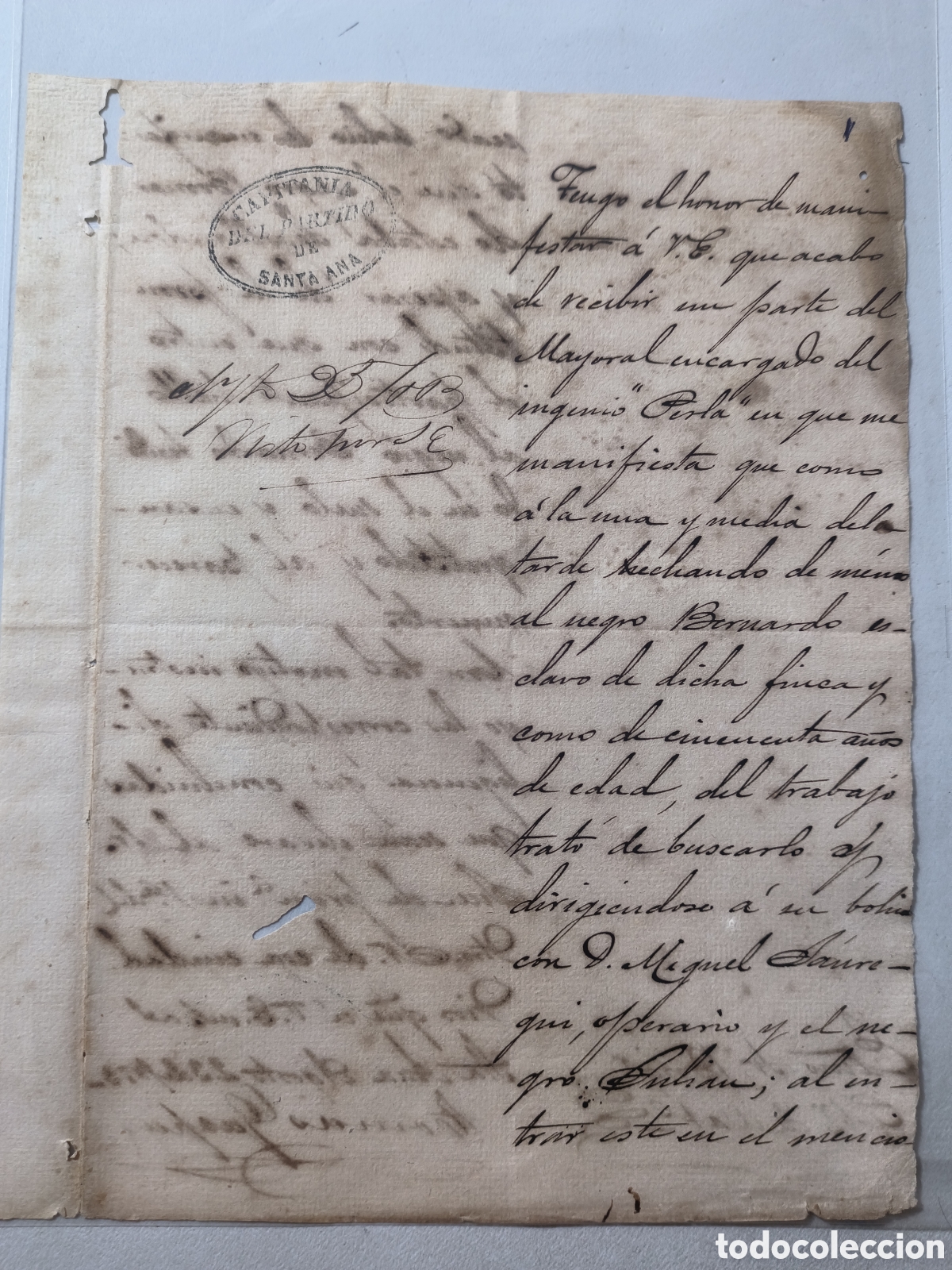 Manuscritos antiguos: Cuba espa&ntilde;ola,parte del mayoral de la finca perla ,matanzas ,a&ntilde;o 1873