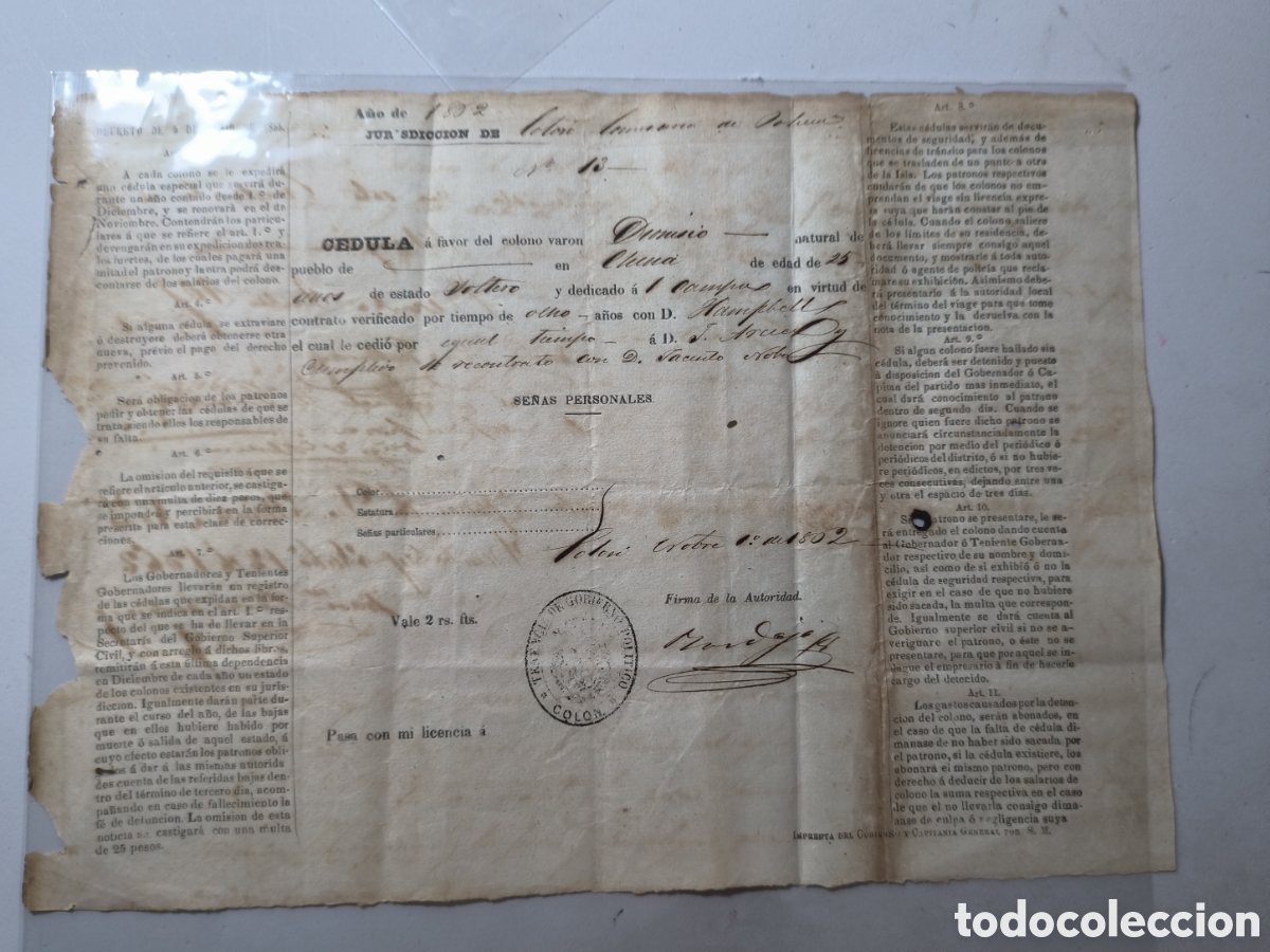 Manuscritos antiguos: Cuba espa&ntilde;ola,c&eacute;dula de seguridad de colono chino cumplido,a&ntilde;o 1862