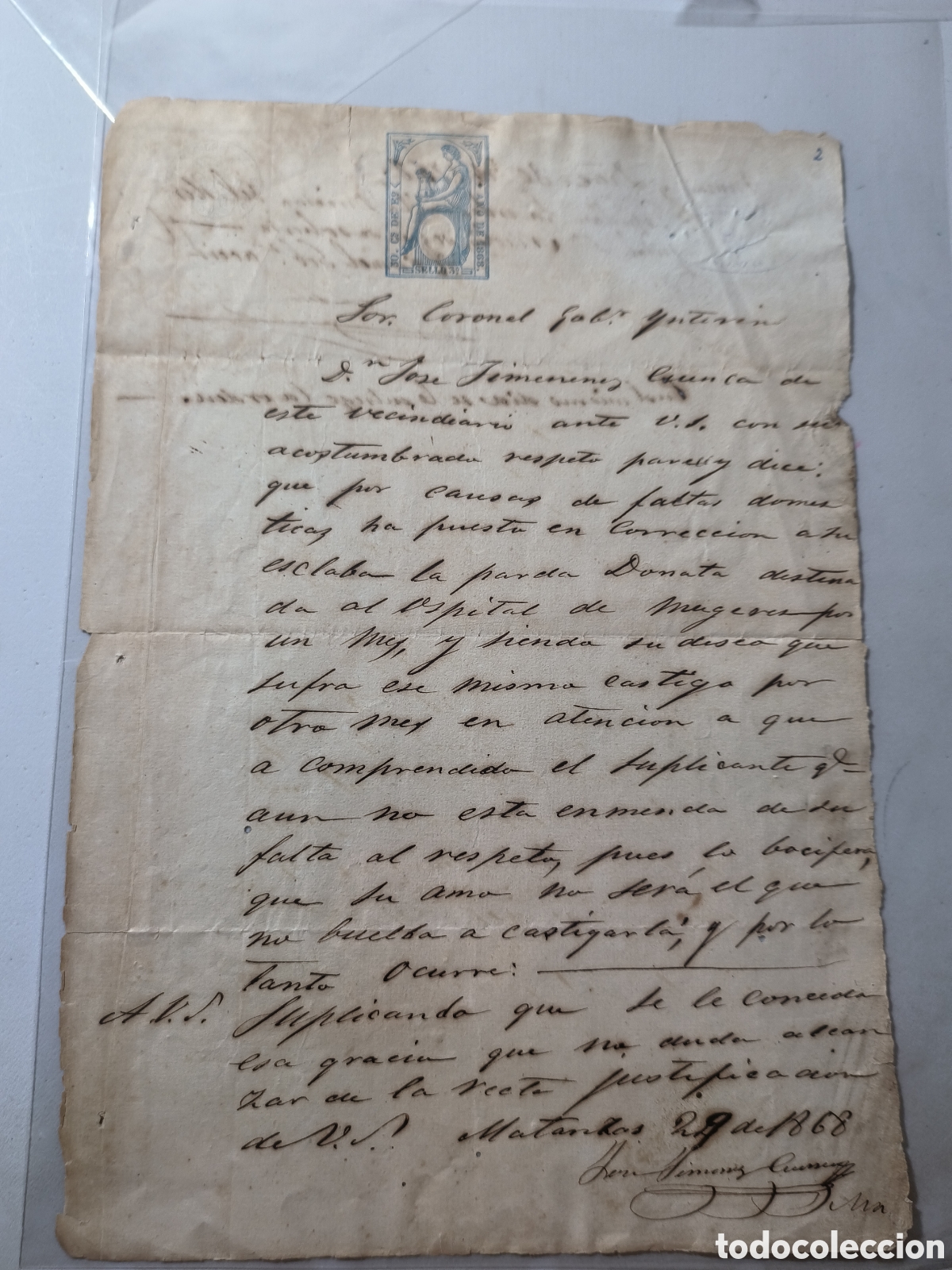Manuscritos antiguos: Cuba espa&ntilde;ola, documento notarial para legalizar castigo a negra esclava,a&ntilde;o 1868
