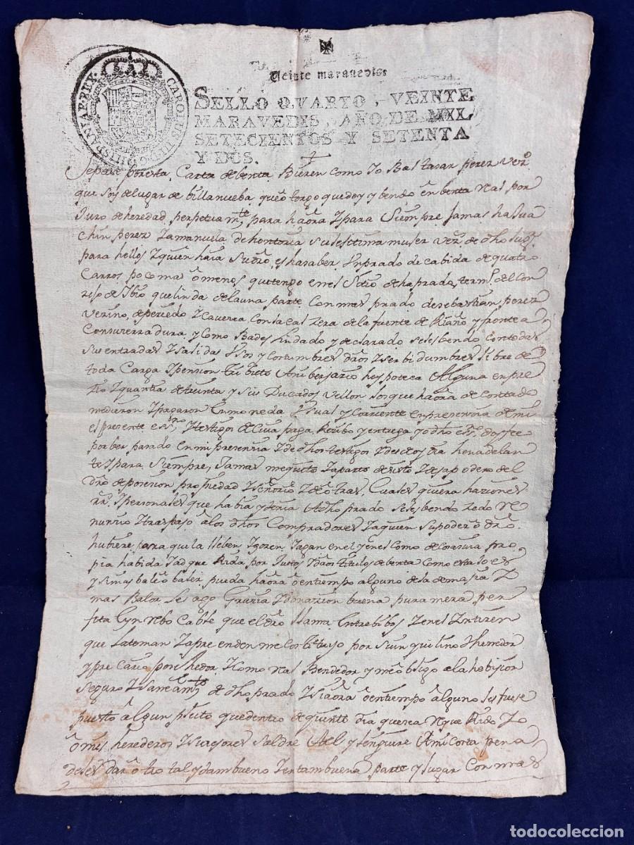Manuscritos antiguos: Venta de prado Baltasar P&eacute;rez 1772 Villanueva de la Pe&ntilde;a papel sellado Muy buen estado Cantabria