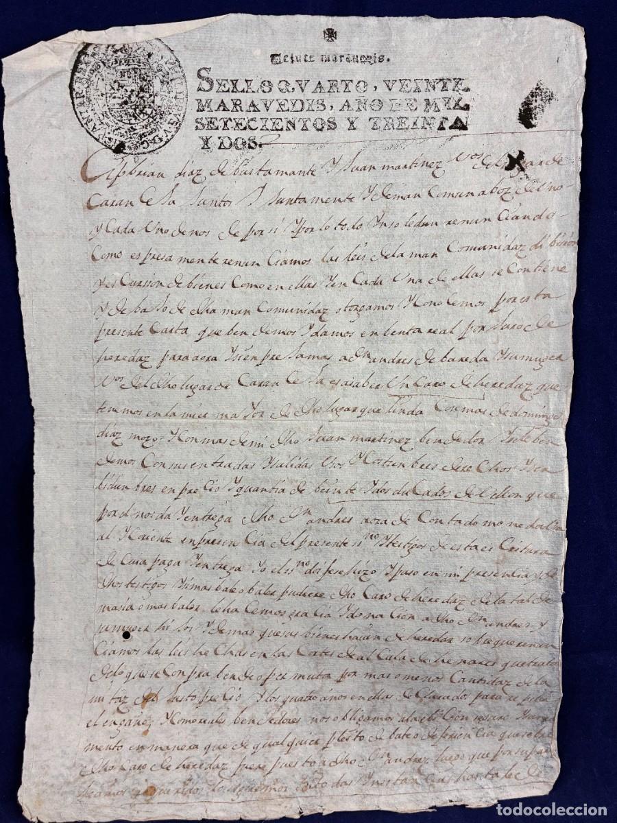 Manuscritos antiguos: Venta tierra Andr&eacute;s de Barreda Yebra 1732 Caranceja papel sellado Muy buen estado. Cantabria