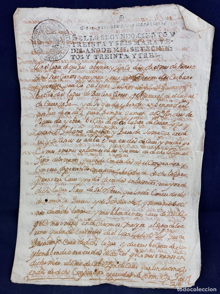 Manuscritos antiguos: Venta Andr&eacute;s de Barreda Yebra 1733 Quijas papel sellado 220 ducados Muy buen estado. Cantabria